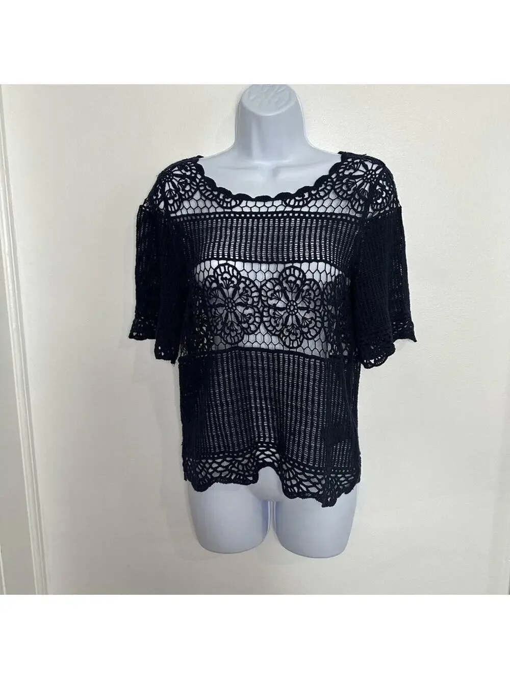 Anthropologie James Coviello Small Navy Blue Open Crochet Cotton Short Sleeve